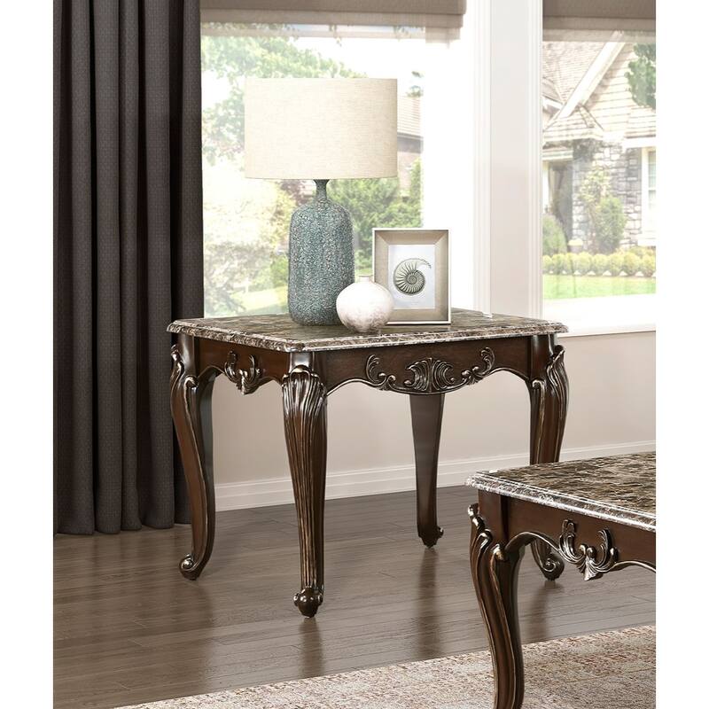 Formal Traditional Luxury 1pc Marble Top End Table Cherry Finish with Gold Tipping Living Room Furniture