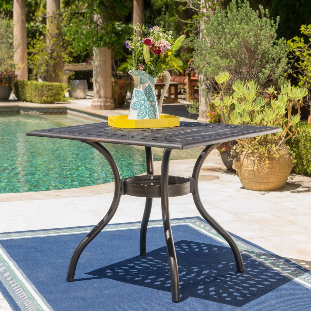 Roomfitters Square Outdoor Dining Table with Curved Legs, Cast Aluminum Construction for Patio or Garden Use, Bronze