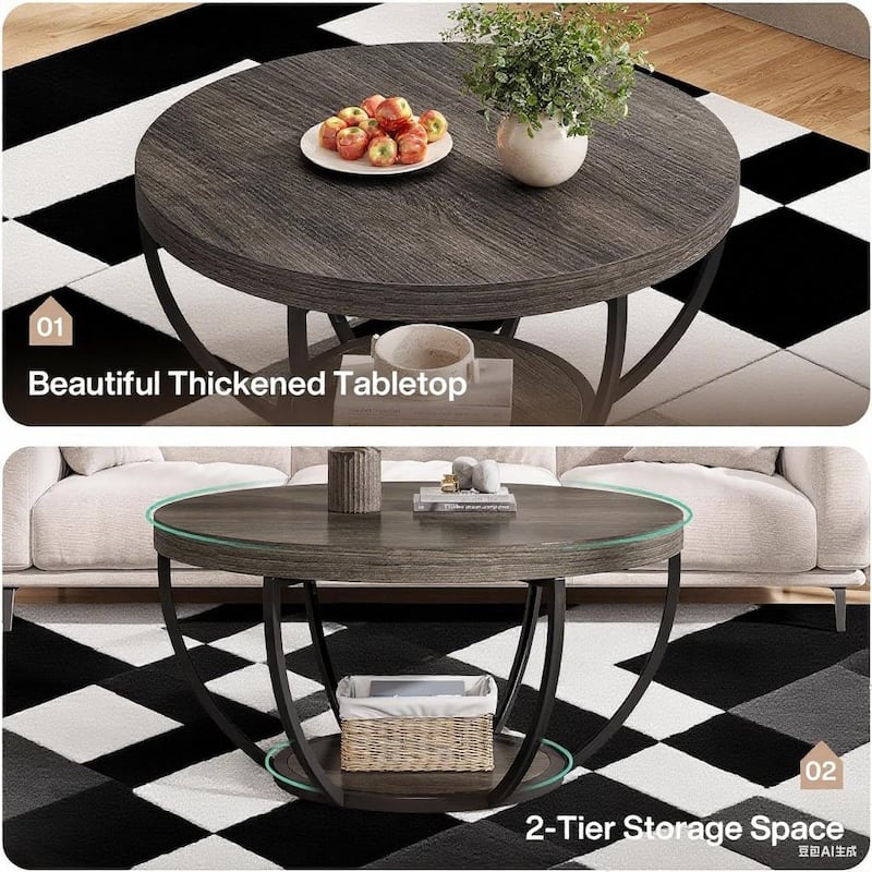 Engineered Wood Round Coffee Table with 2-Tier Metal Base - 31.69" L x 31.69" W x 17.32" H
