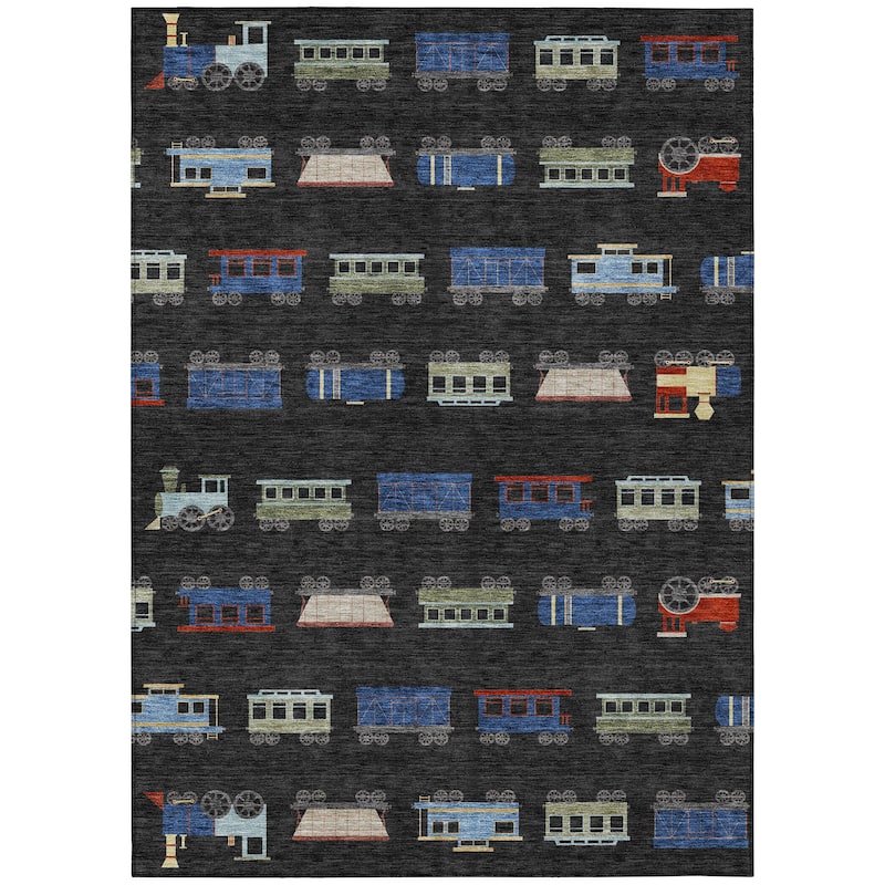 Machine Washable Indoor/ Outdoor Modern Train Chantille Rug