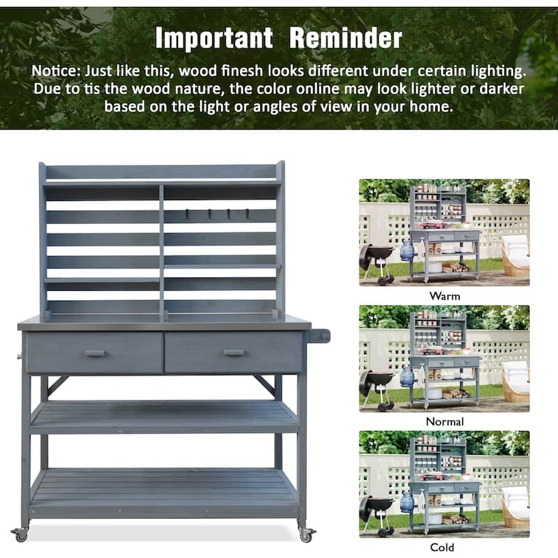 Outdoor Potting Bench Table with Lockable Wheels Solid Wood Kitchen Island and Stainless Steel Top