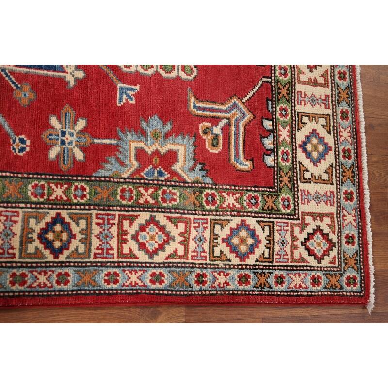 Geometric Red Kazak Oriental Accent Rug Handmade Wool Carpet - 3'4" x 5'0"