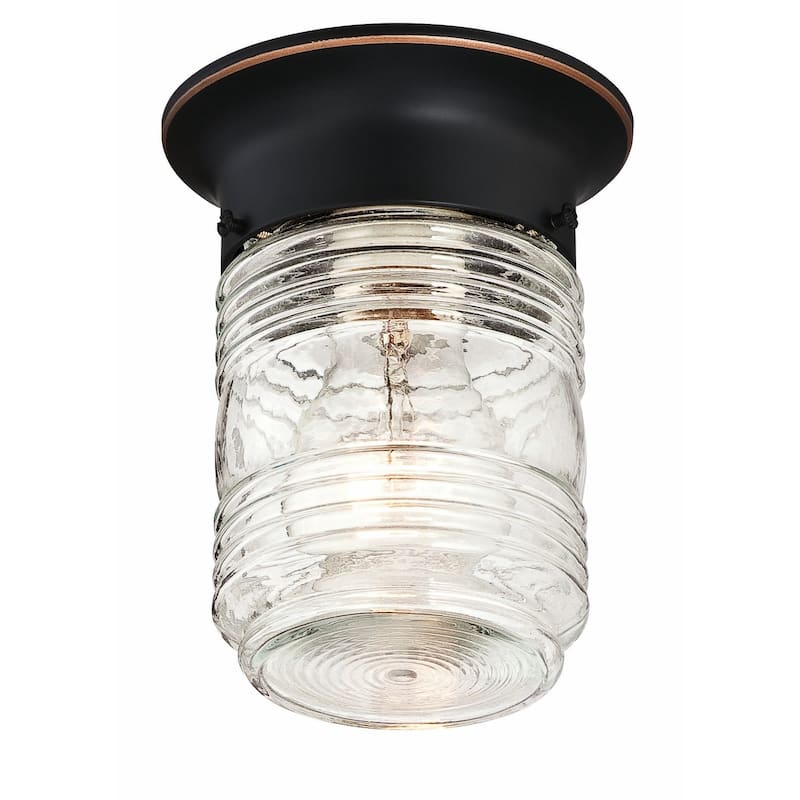 Jelly Jar 1-Light Indoor/Outdoor Ceiling Light with Clear Ribbed Glass - Oil Rubbed Bronze