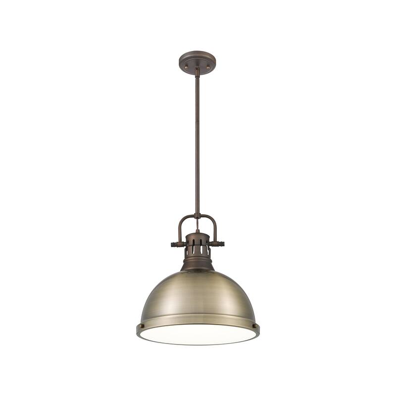 Yep by Golden Lighting Duncan 1-light 14in Rod Hung Pendant in Rubbed Bronze and Aged Brass shade