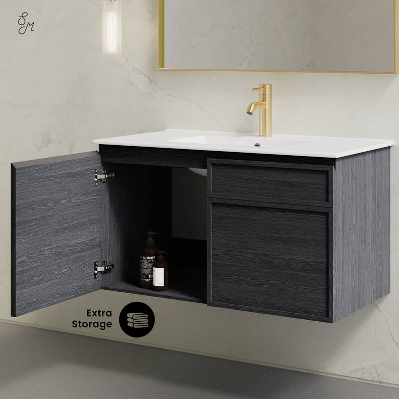 St. Tropez 36" Wall-Mounted Bathroom Vanity In Black Oak With Sink Top - 36