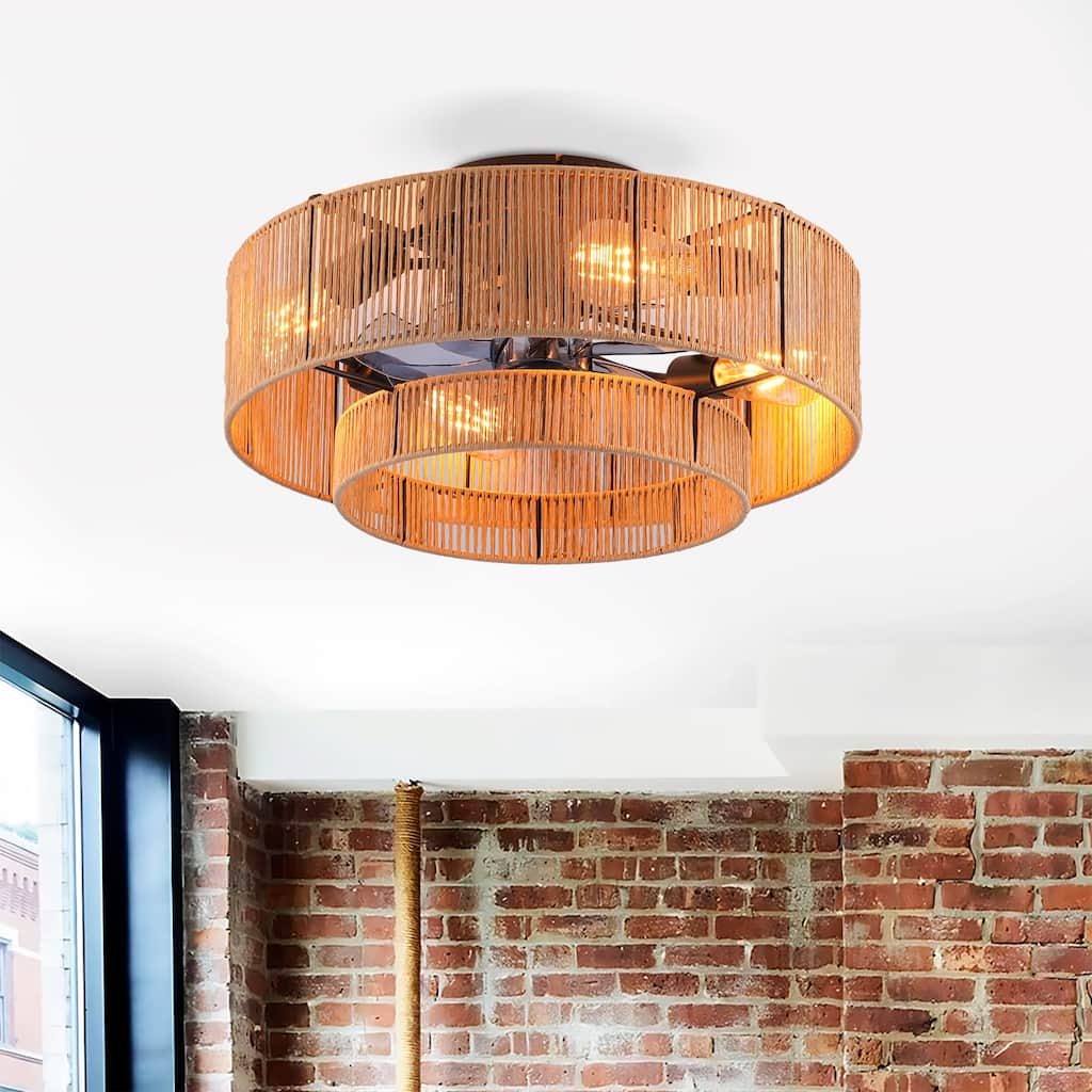 20" Farmhouse Rope Flush Mount Ceiling Fan with Lights and Remote, Rustic Low Profile Caged Chandelier Ceiling Fan For Bedroom