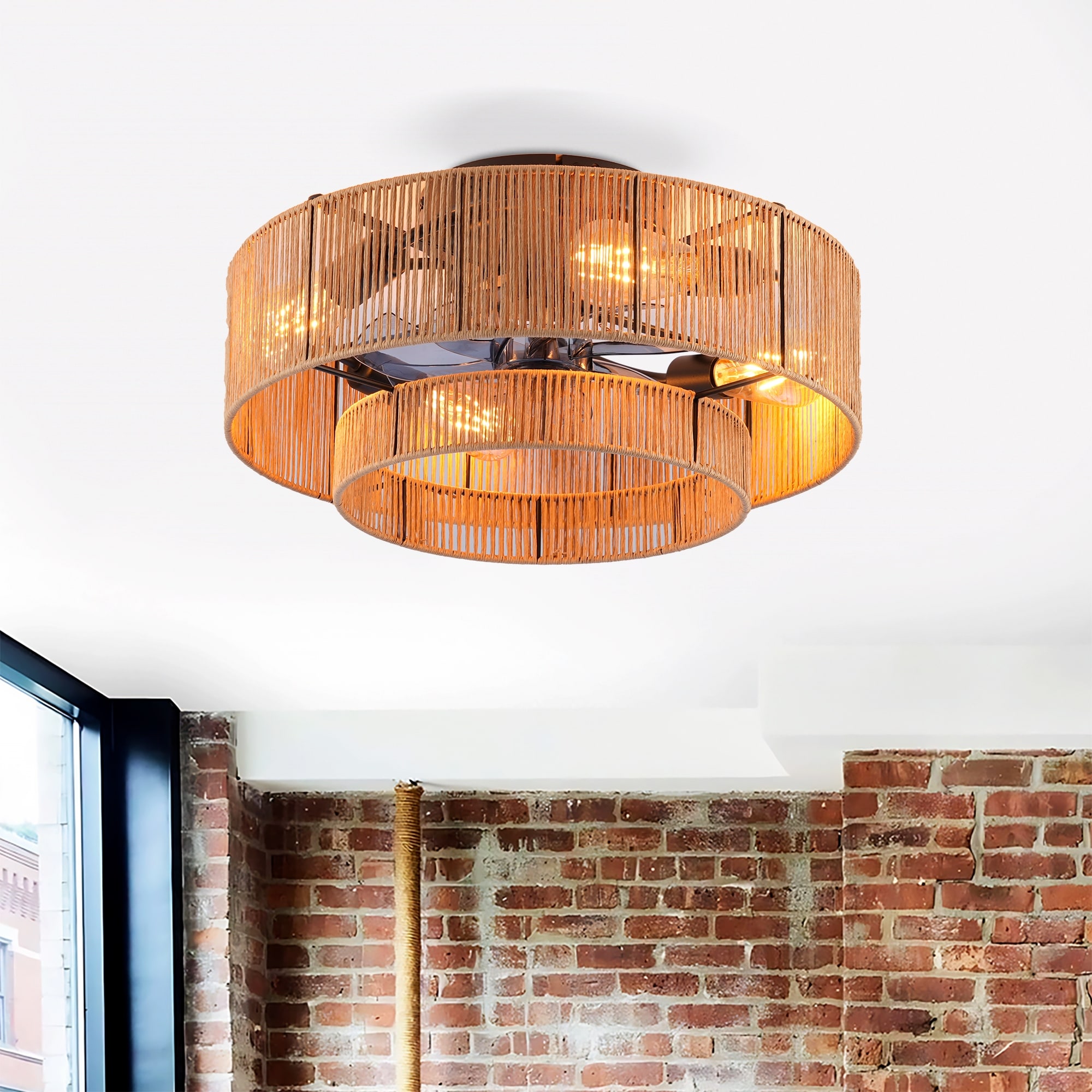20" Farmhouse Rope Flush Mount Ceiling Fan with Lights and Remote, Rustic Low Profile Caged Chandelier Ceiling Fan For Bedroom