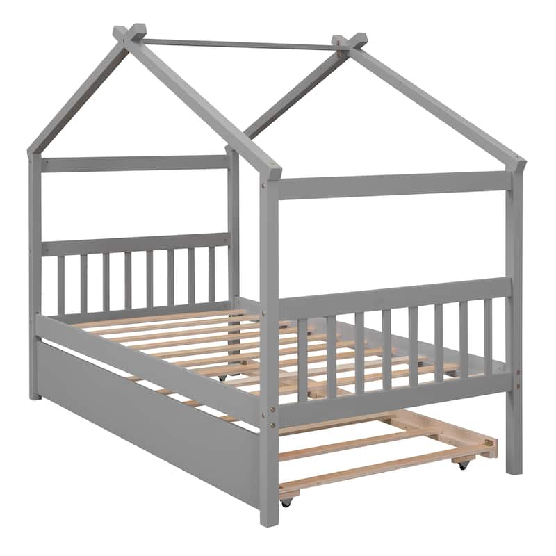 House Bed for Kids, Wooden House Bed Frame with Trundle Bed, Roof ...