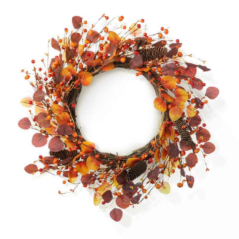 Glitzhome 22"D Fall Eucalyptus Berry Wreath with Hanger Thanksgiving Decor