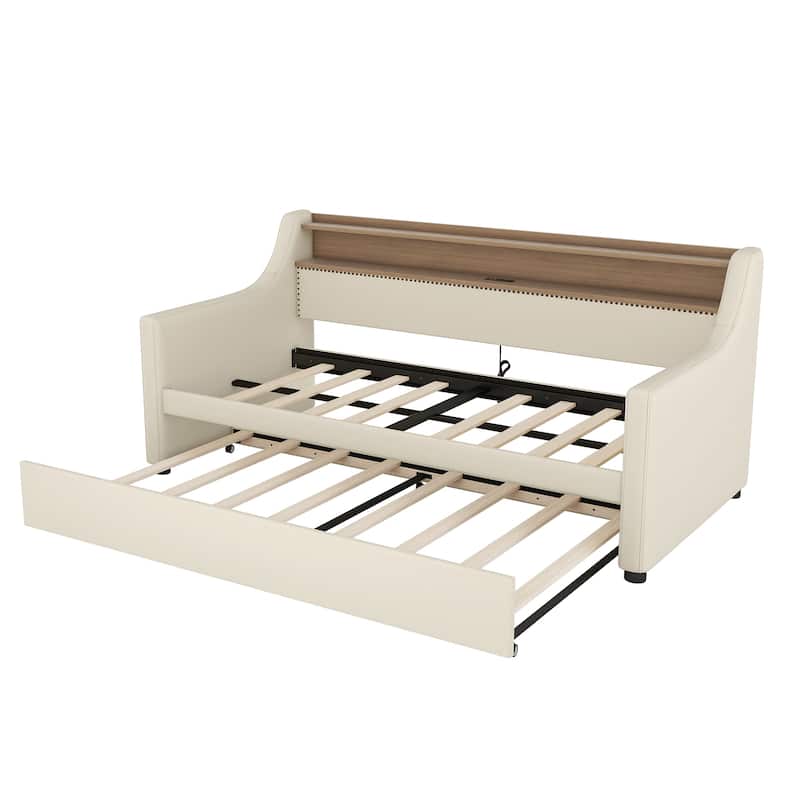 Modern Twin Upholstered Daybed with Trundle, Charging Station, and RGB LED Lights in Beige