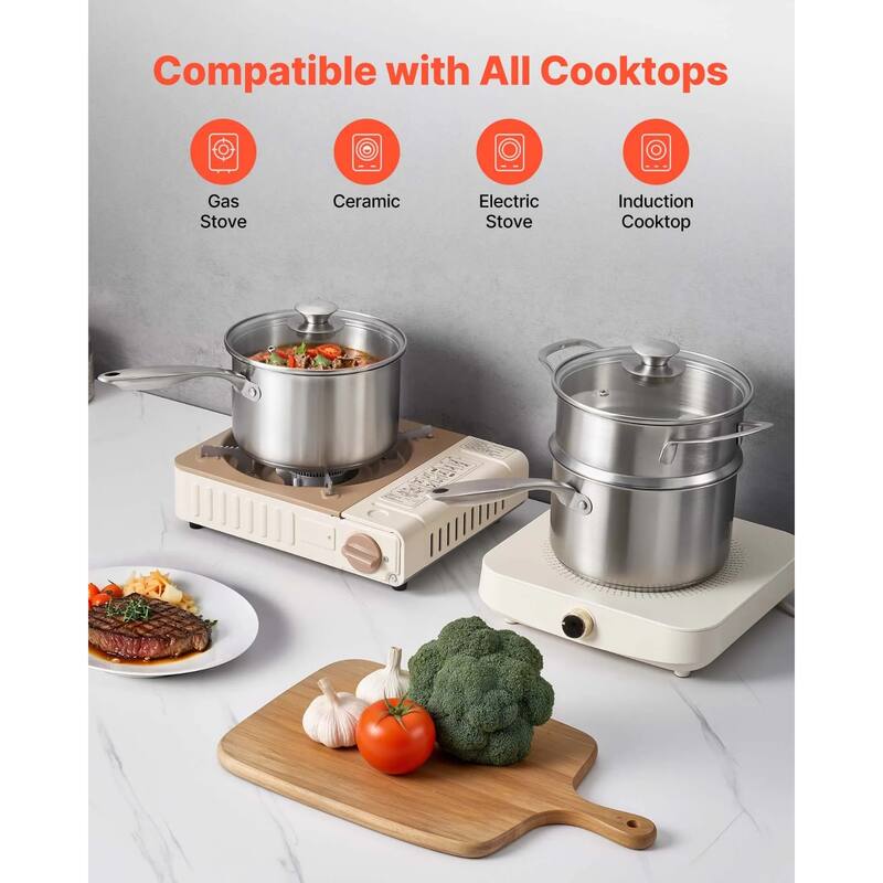 Silver 2-in-1 Aluminum Saucepan with Steamer Insert Oven Safe for Daily Use