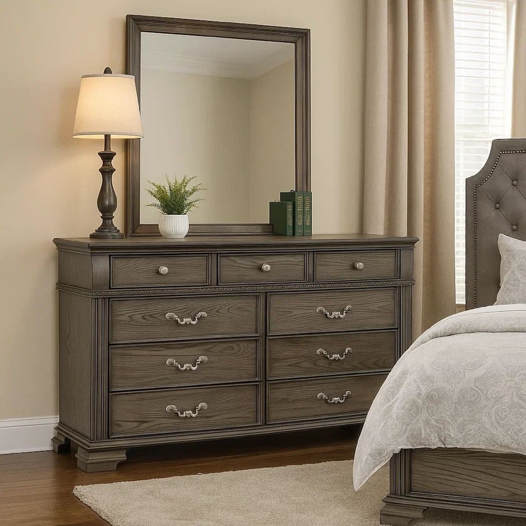 Akia 62 Inch 9 Drawer Wide Dresser Chest, Round Metal Knobs, Smooth Gray