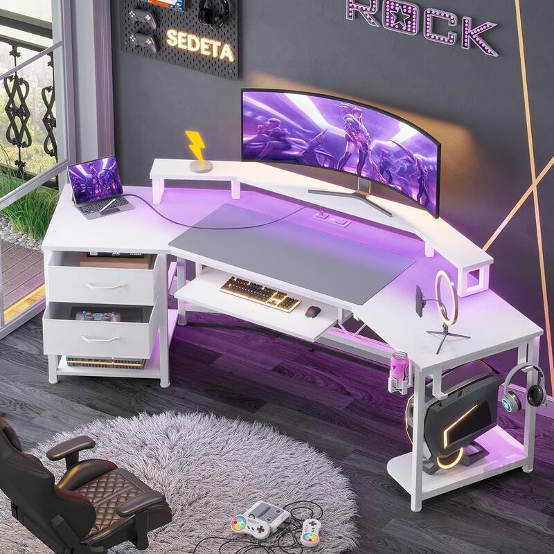 79" L Shape Gaming Desk Computer Desk 2 Fabric Drawers & LED Light - White