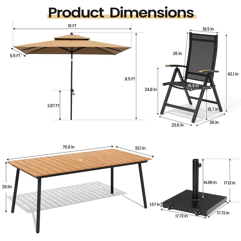 9PC Outdoor Patio Dining Set Aluminum Table with Folding Armchairs w/ Premium Market Umbrella Sets