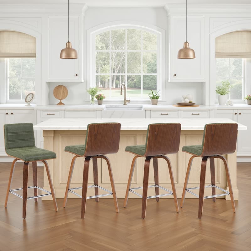 Skara Mid-Century Swivel Counter Stool, Upholstered Counter Height Chair with Bentwood Legs - Vintage Green Faux Leather  & Walnut - Set of 4