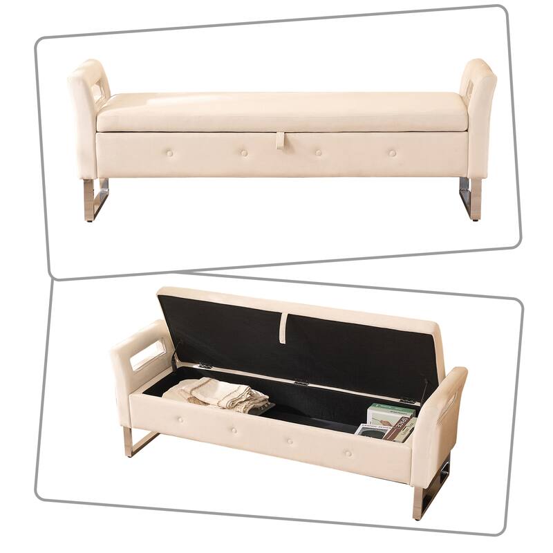 Modern style upholstered bench with hidden storage and upholstered armrests, metal legs for bedroom living room hallway entrance