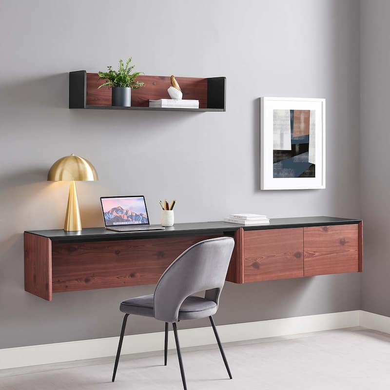 Kinetic 49" Wall-Mount Office Desk With Cabinet and Shelf - Black Cherry