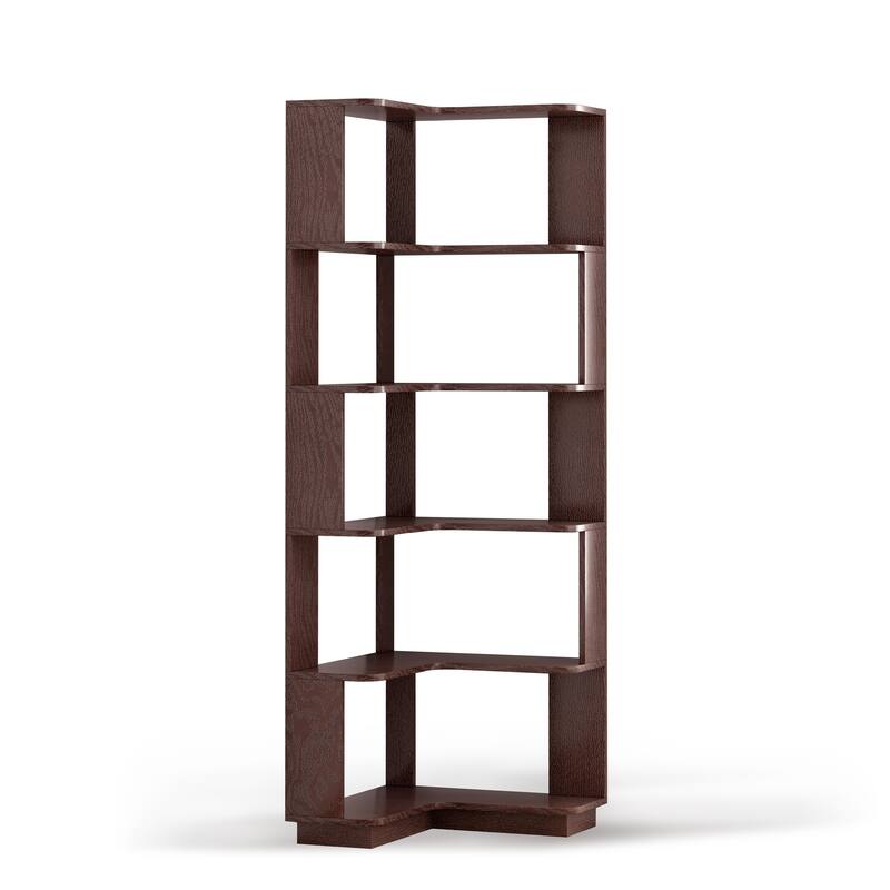 GDFStudio - Elysande Wood Corner Bookcase with 6-Tier Anti-Fall Design