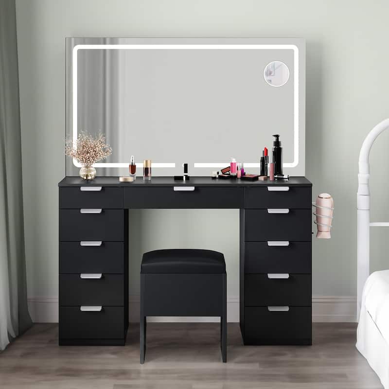 Moasis 46"Vanity With Built-in Socket With Illuminated Mirror and Hair Dryer Rack - 55.8'' H X 46'' W X 11.7'' D - Black