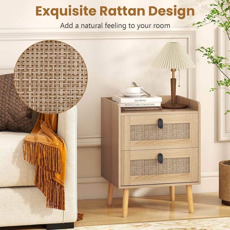 Costway Modern Nightstand End Bedside Table with 2 Rattan Drawers & - See Details