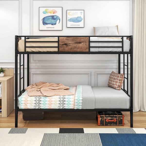 slide 2 of 9, Twin Over Twin Size Bunk Bed with Safety Guard Rails, Heavy Duty Metal Bed Frame, Space-Saving Steel Bed for School, Bedroom Black