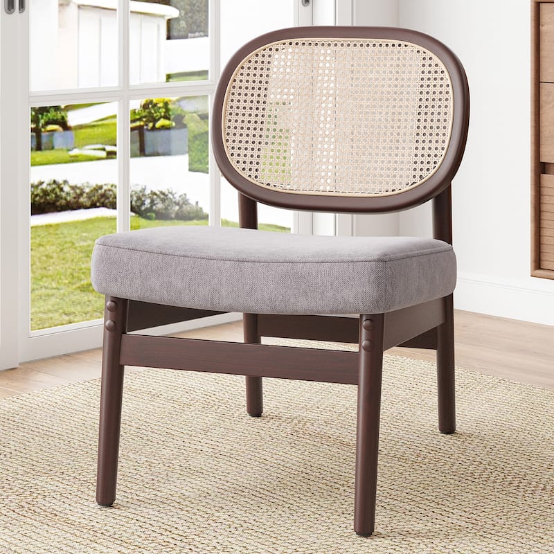 Rattan Accent Chair, Upholstered Living Room Chair with Rattan Back & Wood Frame, Mid-Century Modern Reading Chair - khaki