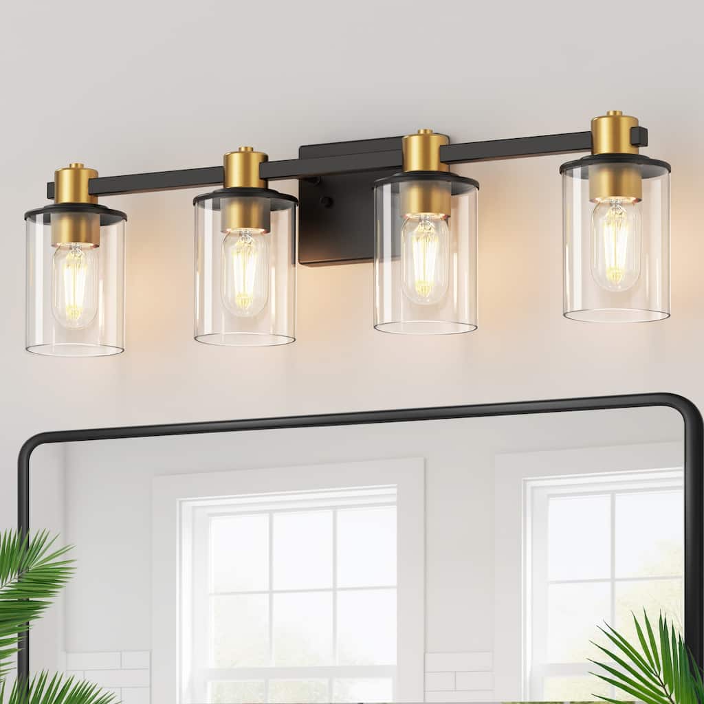 YANSUN 26 in. 4-Light Black and Gold Vanity Light with Round Clear Glass Shades for a Sophisticated Look