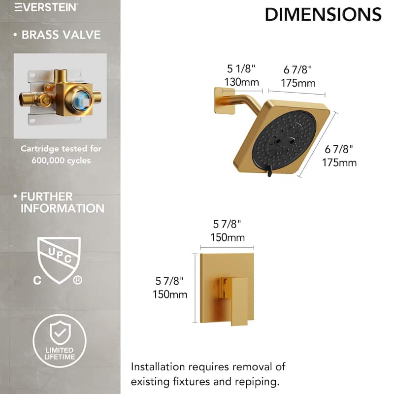 Square Shower System with 7 Spray Modes and Pressure Balance Valve