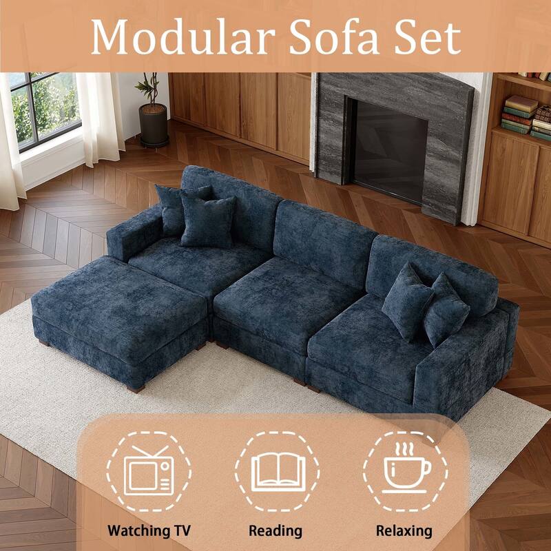 Oversized Chenille Modular Sectional Sofa Living Room Set with Ottoman