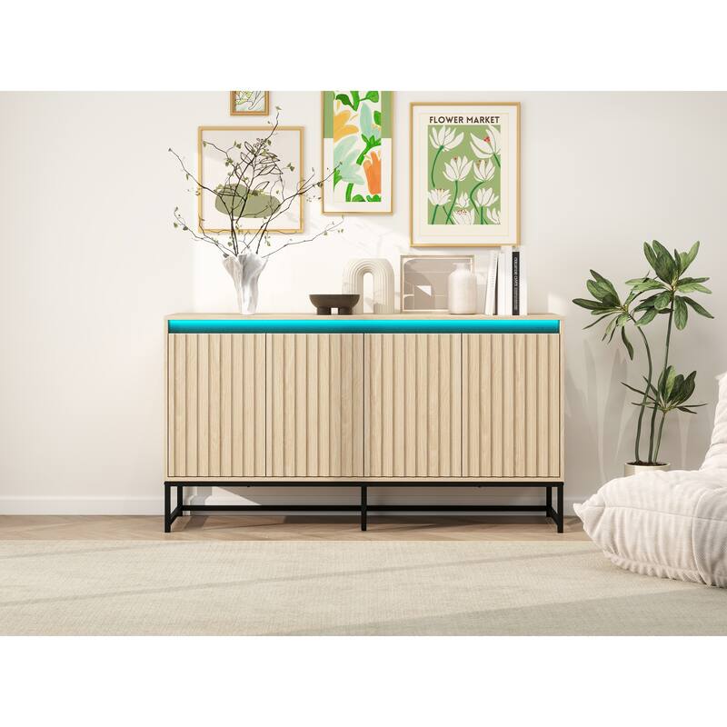 LED Sideboard Buffet Cabinet Storage Cabinet w/ Adjustable Shelf, Carved Cupboard Console Table for Living Room Hallway, Natural