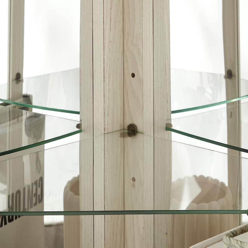 Lighted Corner Curio Cabinet, Freestanding Glass Display Cabinet, Wooden China Cabinet with Tempered Glass Doors & Shelves