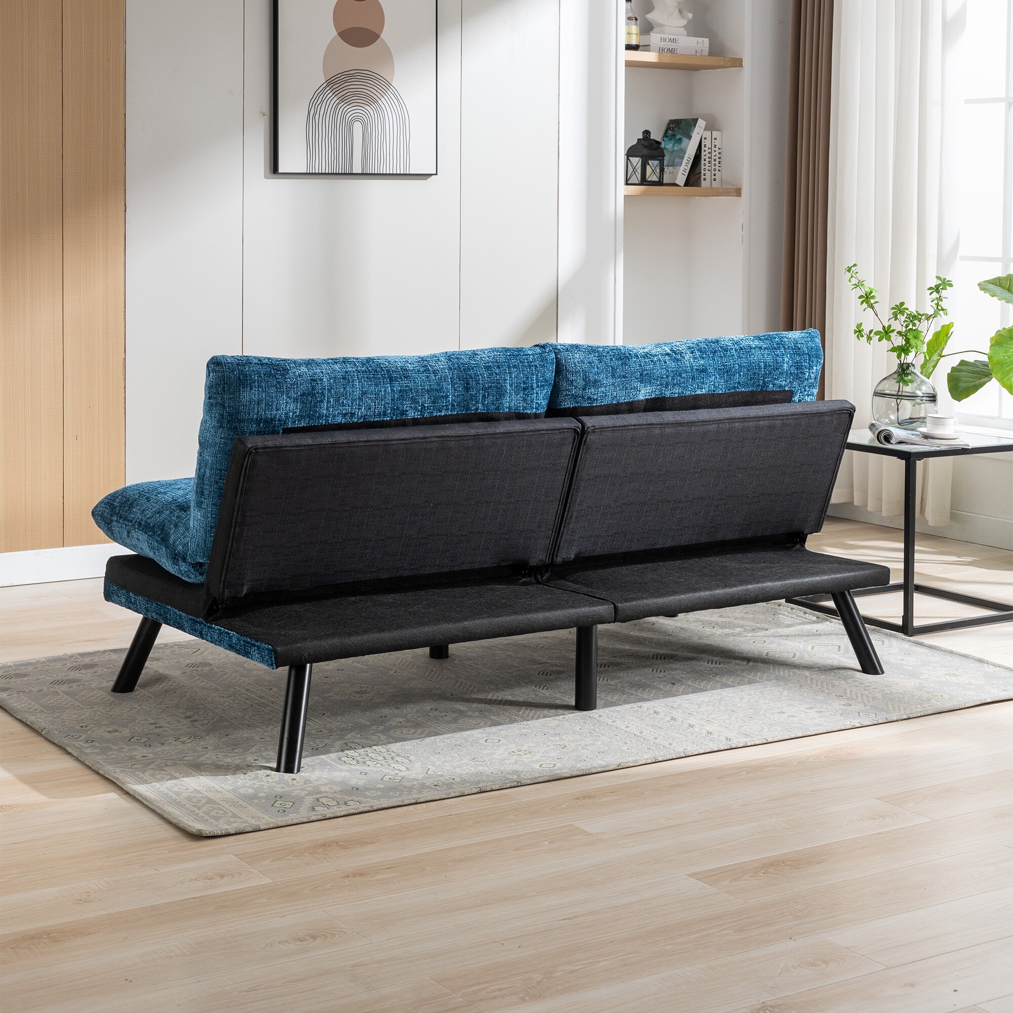膝futon Blue Convertible Futon Sofa Bed Chenille, Three Adjustable