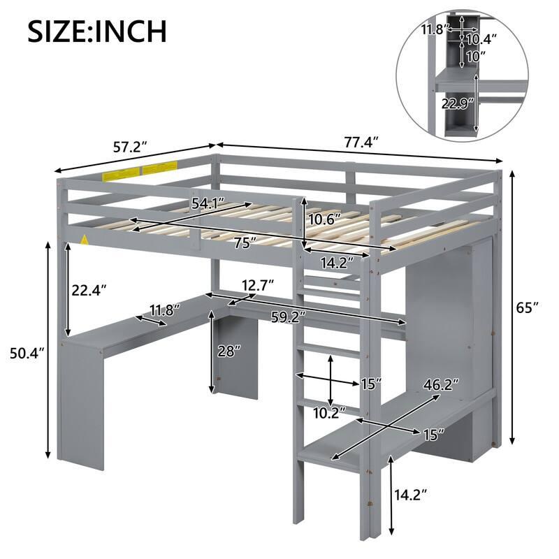 Solid Wood Loft Bed with Bulit-in L-Shaped Desk, Wardrobe and Hanging Rod, Twin/Full Size Loft Bedframe with Storage Shelves