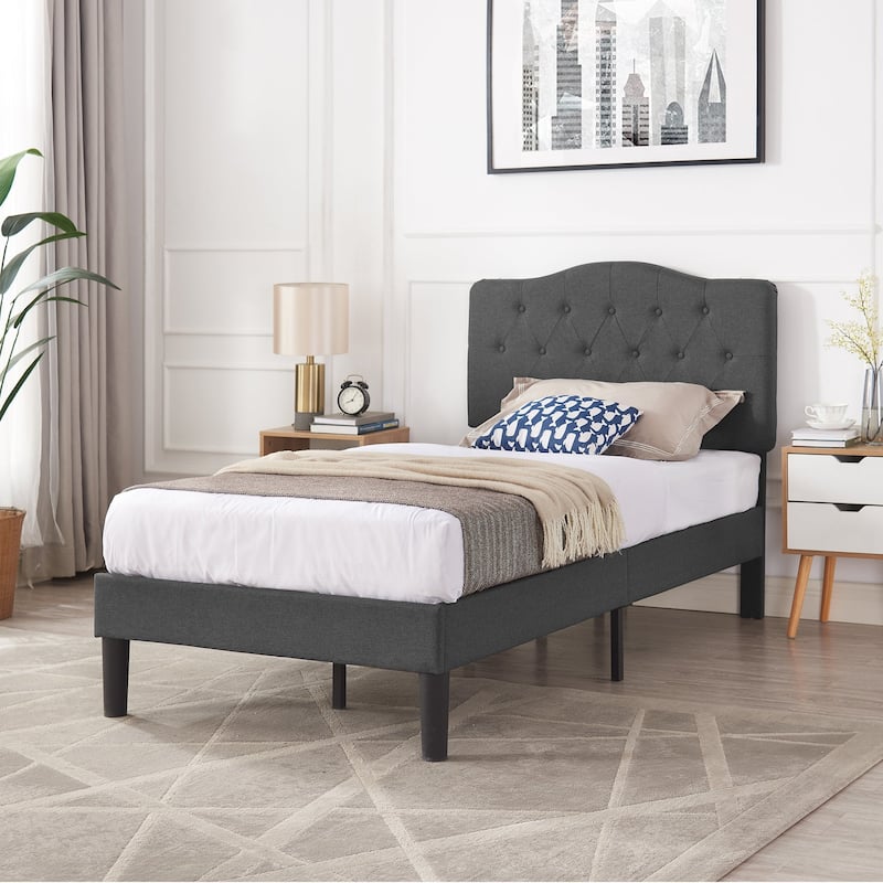 VECELO Modern Upholstered Kids Bed with Height Adjustable Tufted Headboard,Twin Size Bed Set of 2
