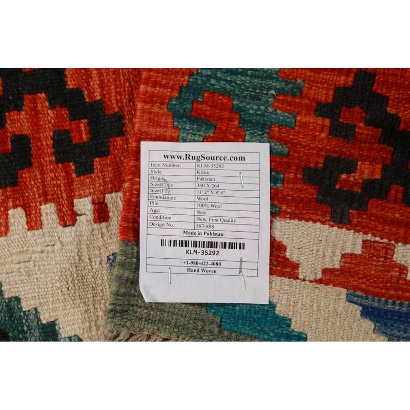 Geometric Kilim Oriental Area Rug Hand-Woven Reversible Wool Carpet - 8'8"x 11'2"