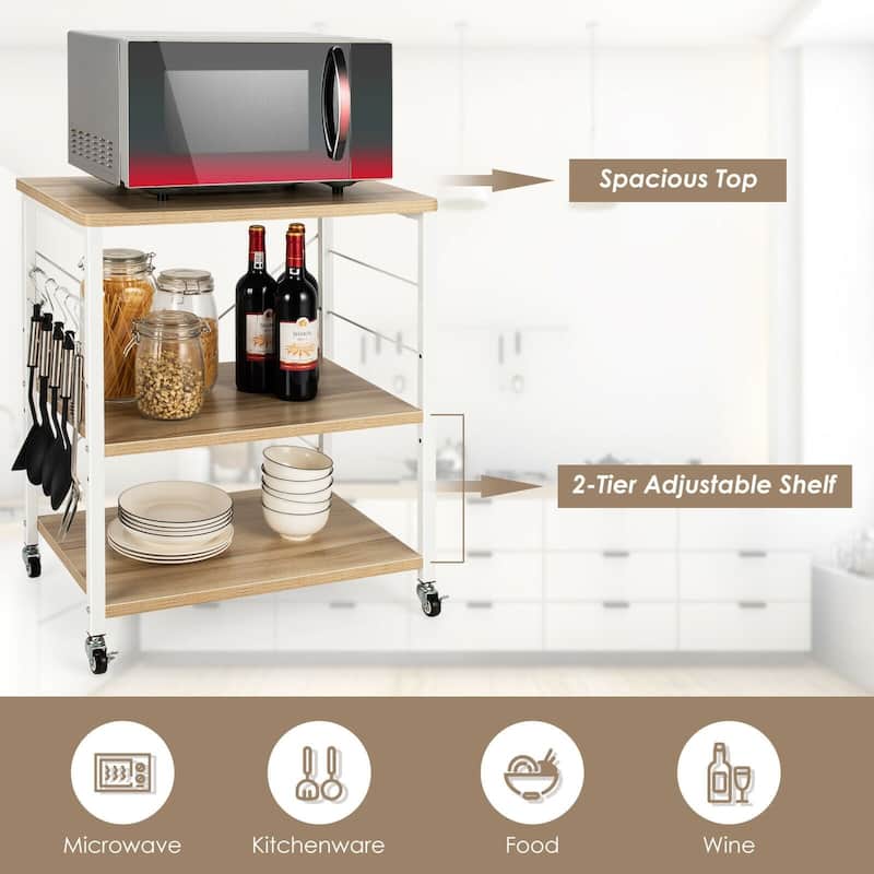 3-Tier Kitchen Baker's Rack Microwave Oven Storage Cart with Hooks - 23.5" x 16" x 29" (L x W x H)