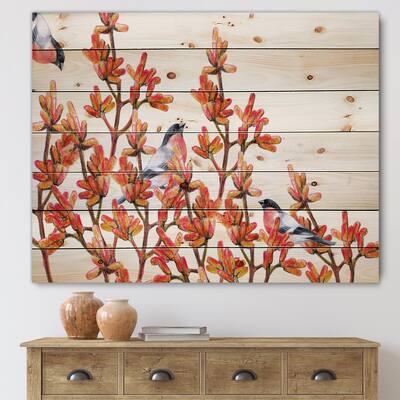 Designart 'Flock of Bullfinches Birds on Orange Branches' Traditional Print on Natural Pine Wood