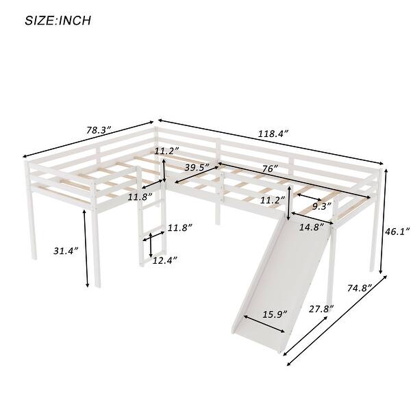 L-Shaped Twin Loft Bed with Ladder & Slide for 2 Kids, Solid Pine Loft Bedframe with Safety Guardrail & Under Bed Storage Space