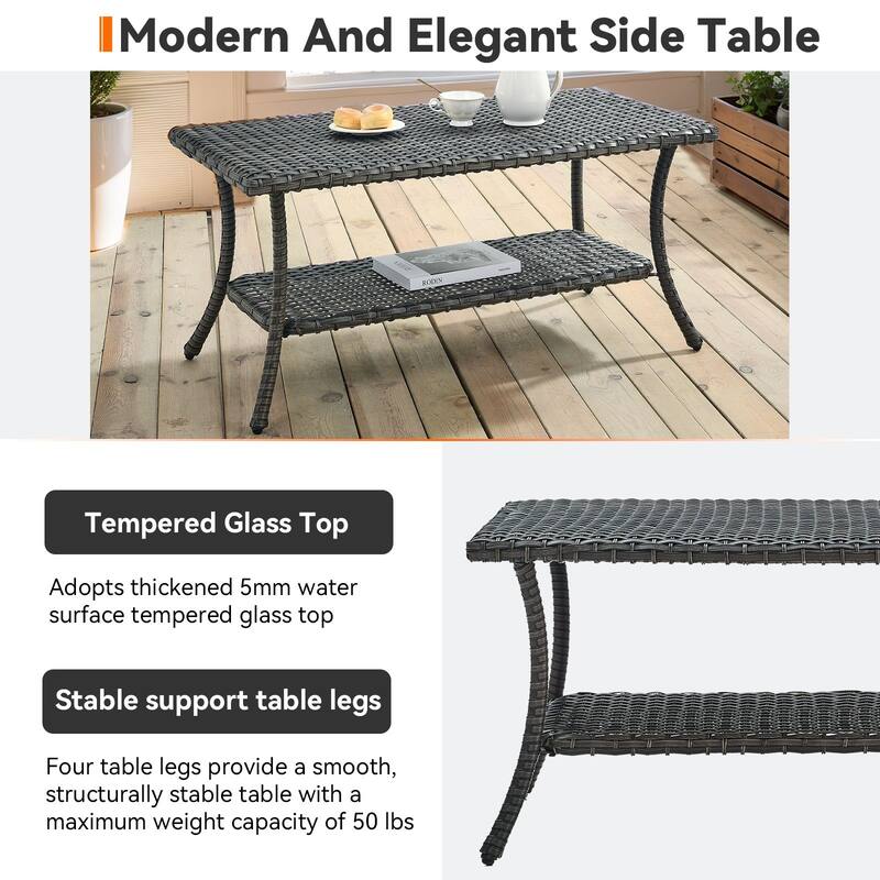 Meina Brown Wicker Rectangular Outdoor Coffee Table with Lower Wicker Storage Shelf