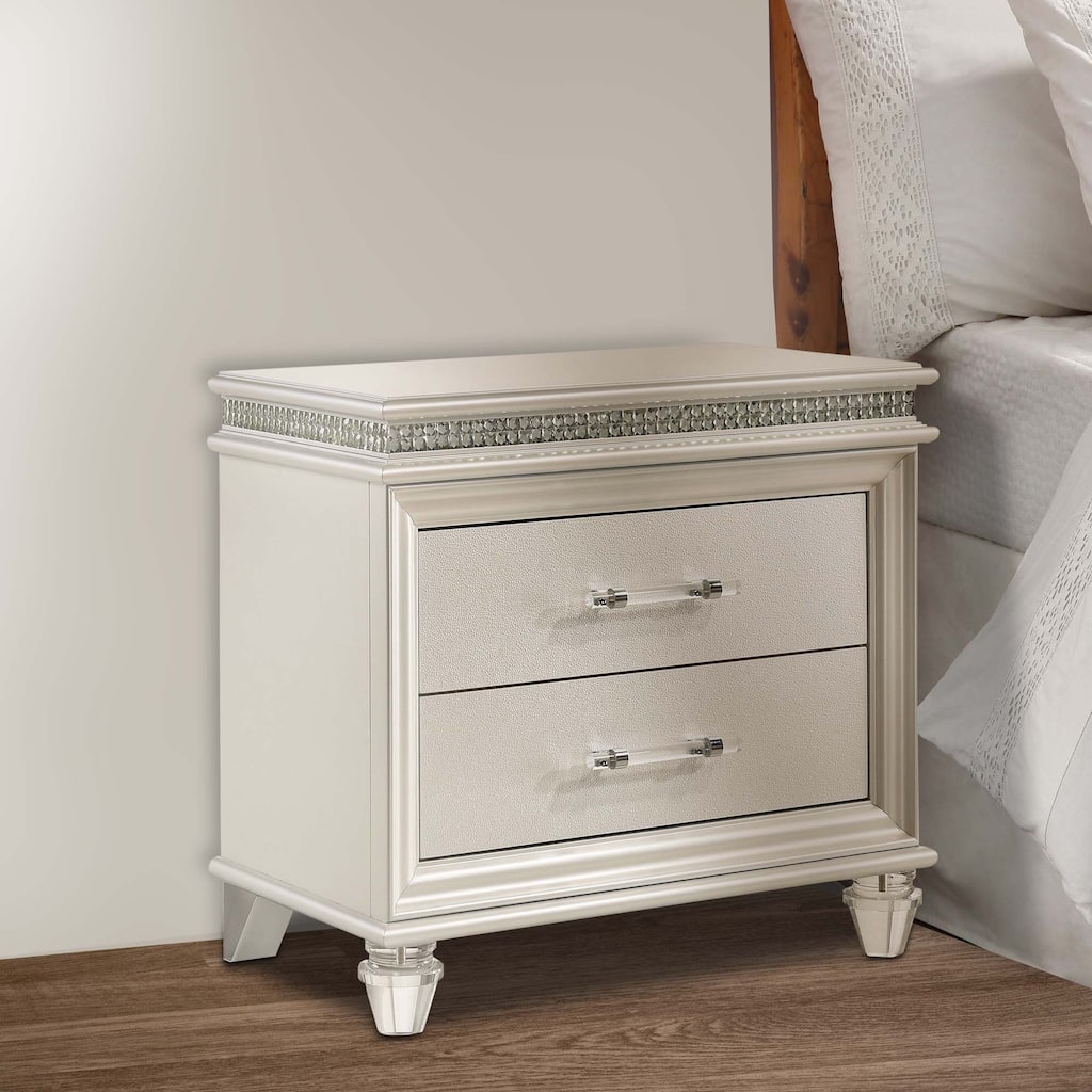 2 Drawer Nightstand with Acrylic Feet and Crystal Accents, Silver