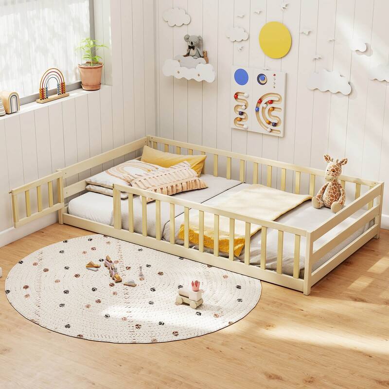 Costway Twin Size Floor Bed with Door & Fence with Safety Guardrails &
