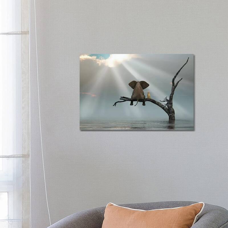 iCanvas "Elephant And Dog Are Sitting On A Tree Fleeing A Flood" by Mike Kiev Canvas Print - 18x26x1.5