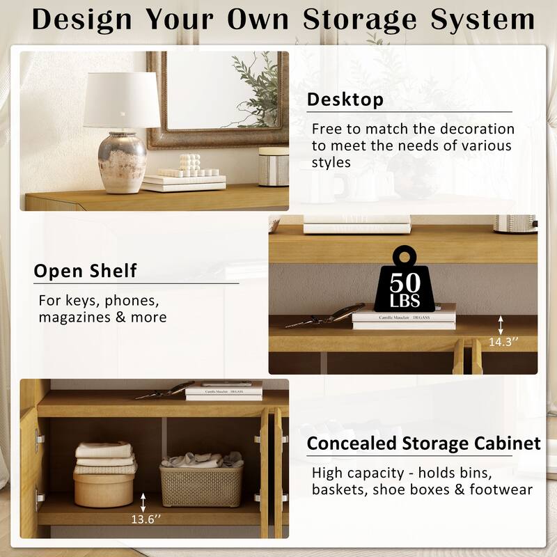 60" Solid Wood Sideboard Coffee Bar Cabinet Entryway Cabinets with Open Storage Shelf, Storage Console with 4 Door