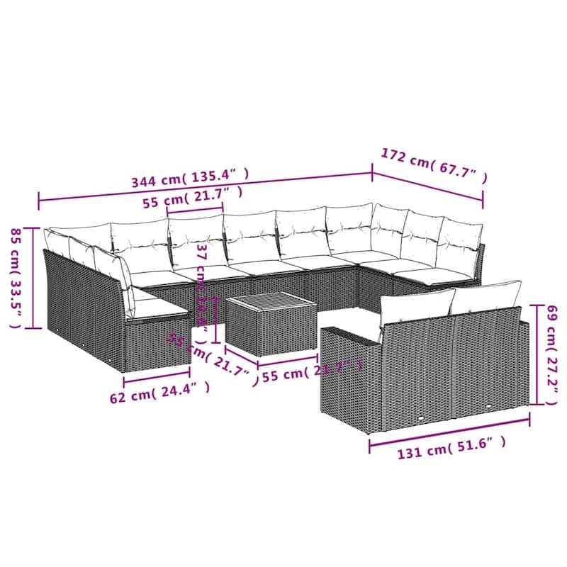 vidaXL 13 Piece Patio Sofa Set with Cushions Black Poly Rattan - 24.4 x 24.4 x 27.2 (W x D x H)