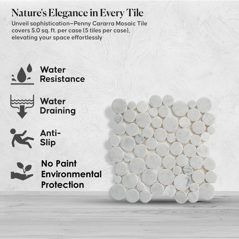 Penny Carrara Marble Mosaic Tile - Floor and Wall Carrara Tile - Honed Finish Tiles for Kitchen 12" X 12" (5 Sqft per case)