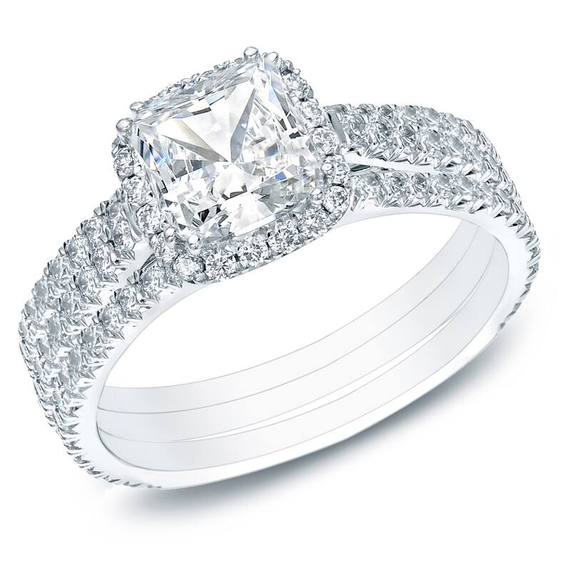 Auriya 14k Gold 2 1/6ctw Cushion Cut Halo Diamond Engagement Ring Set Certified