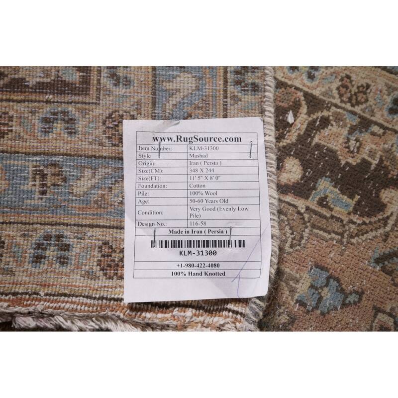 Distressed Traditional Mashad Persian Vintage Handmade Wool Carpet - 8'0"x 11'5"