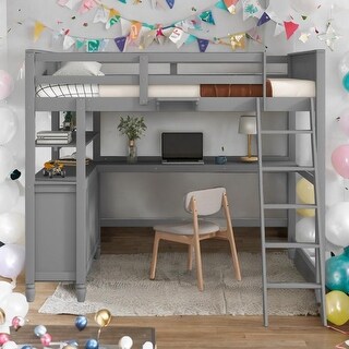 Full size Loft Bed with Desk,Multifunctional Wooden Loft Bed with Shelves