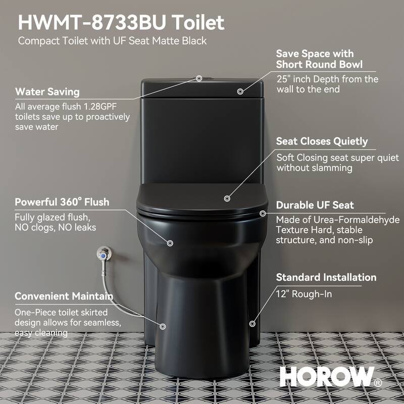 HOROW 1 Piece Dual Flush Toilet White 0.8 1.28 GPF Durable UF Seat Included - N/A