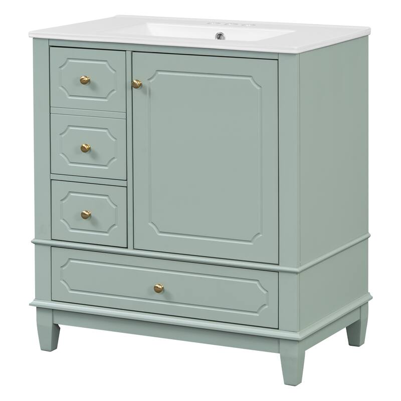 30" Bathroom with Sink,Cabinet with Basin,Wood Frame,Soft-Close Door,3 Drawers,Painted MDF & Rubber Wood,Shelves Included